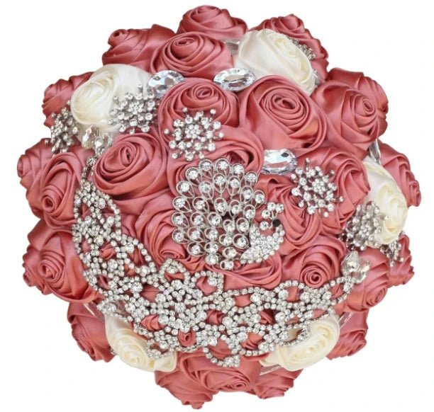 Satin Rose and Crystal Wedding Bouquet in Blush Pink Tones - Luzilly Bridal & Apparel