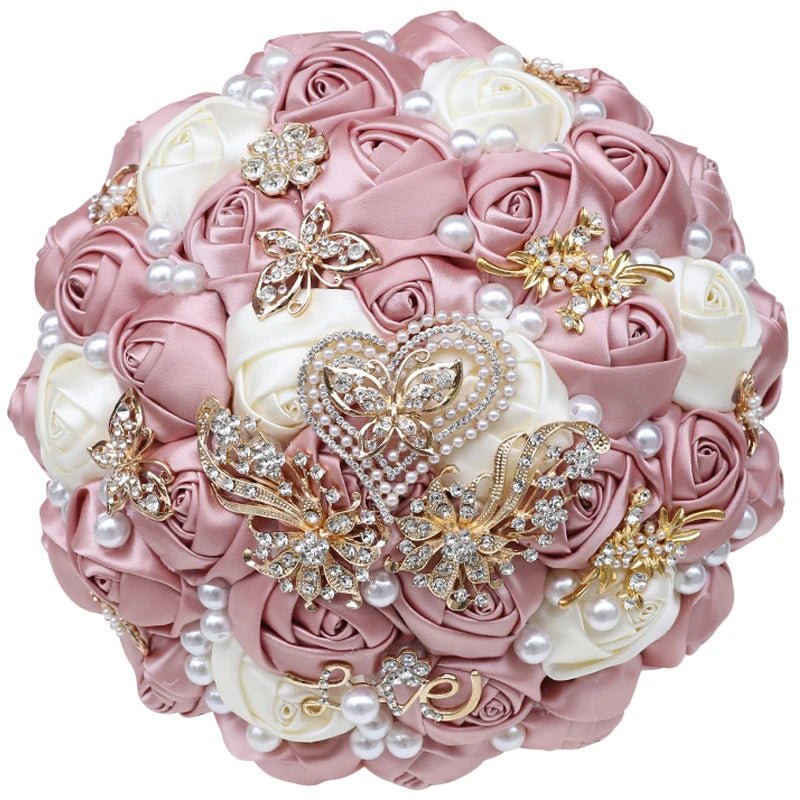 Satin Rose and Crystal Wedding Bouquet in Blush Pink Tones - Luzilly Bridal & Apparel