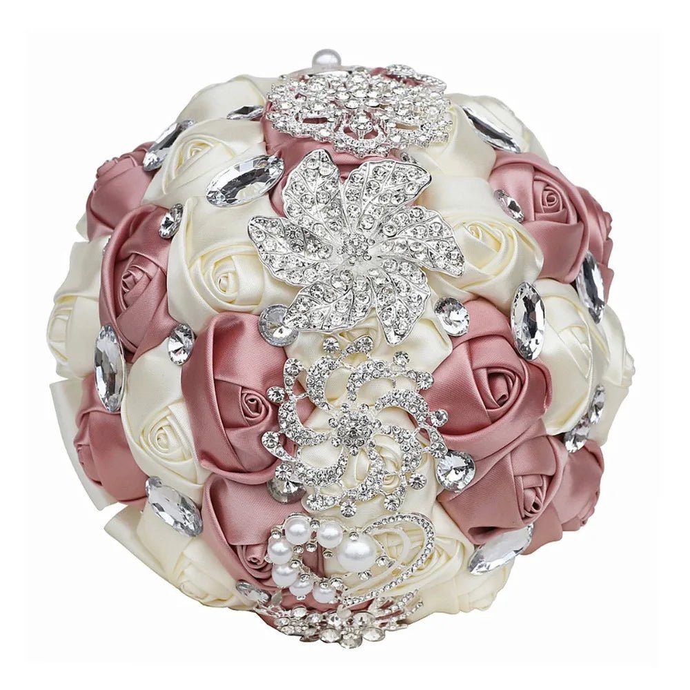 Satin Rose and Crystal Wedding Bouquet in Blush Pink Tones - Luzilly Bridal & Apparel