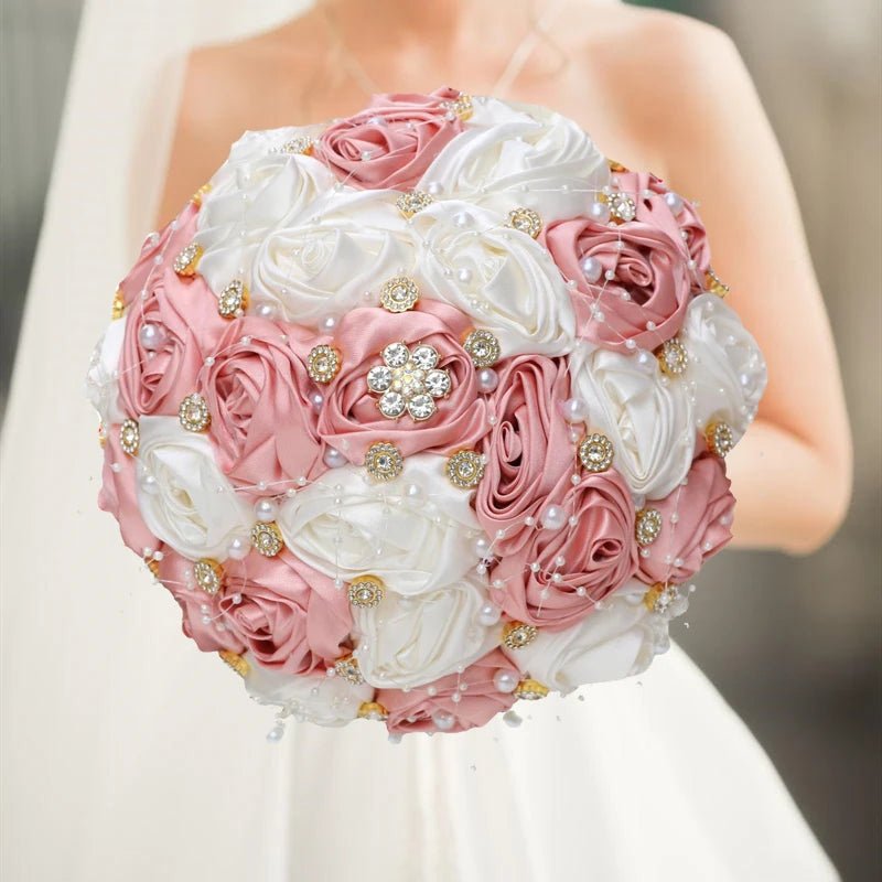 Satin Rose and Crystal Wedding Bouquet in Blush Pink Tones - Luzilly Bridal & Apparel