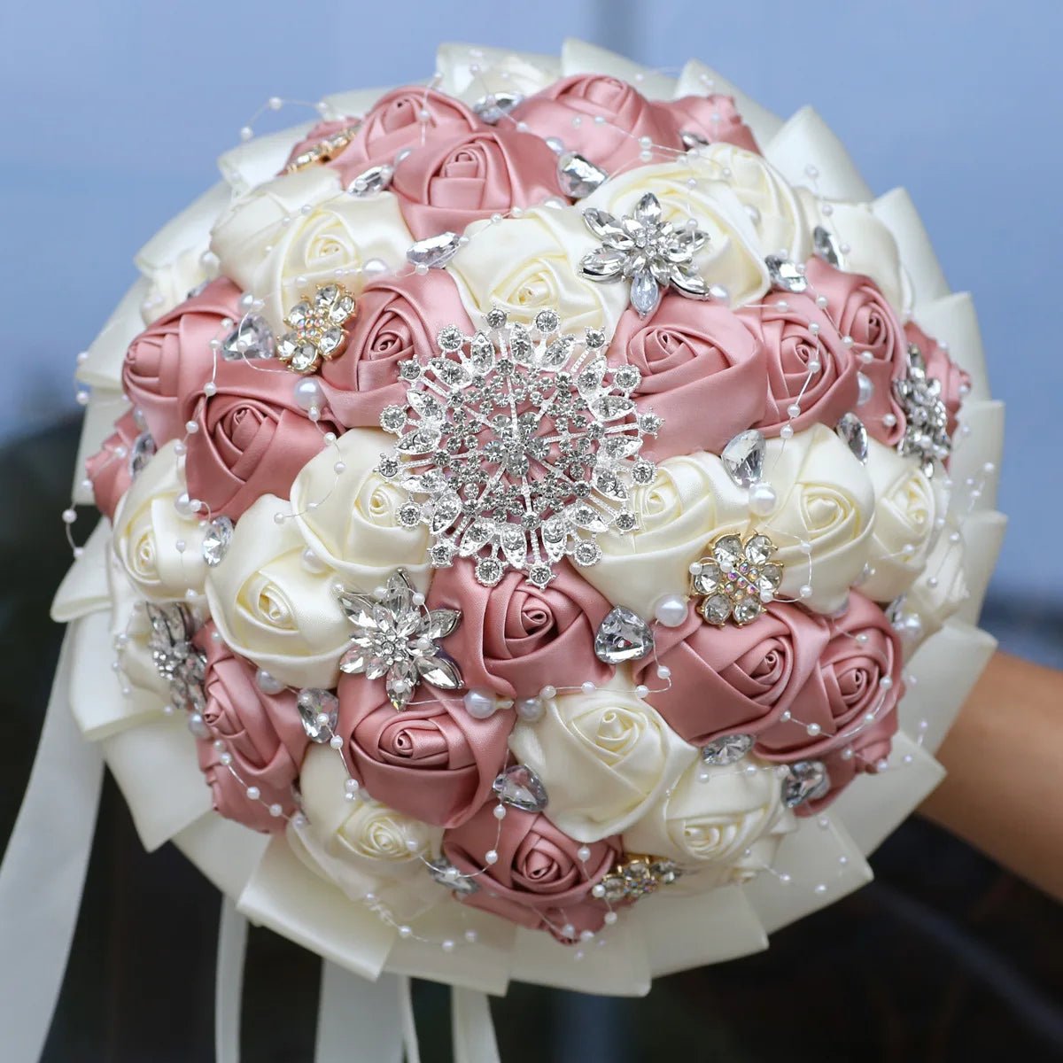 Satin Rose and Crystal Wedding Bouquet in Blush Pink Tones - Luzilly Bridal & Apparel