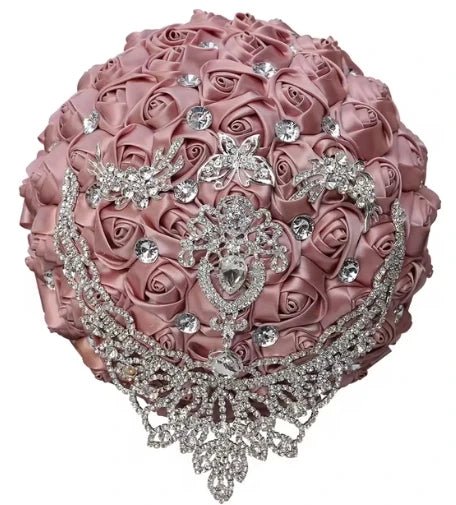 Satin Rose and Crystal Wedding Bouquet in Blush Pink Tones - Luzilly Bridal & Apparel