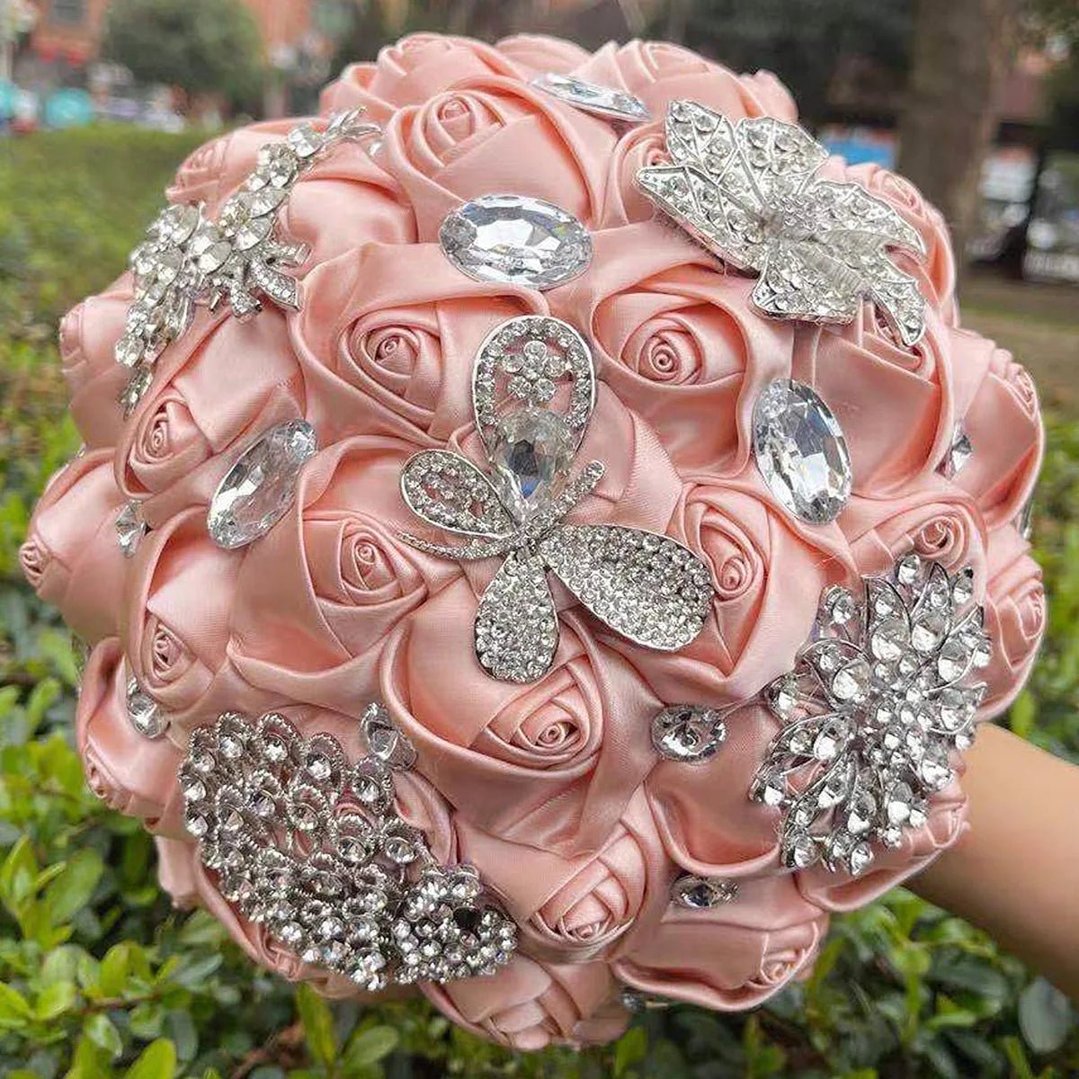 Satin Rose and Crystal Wedding Bouquet in Blush Pink Tones - Luzilly Bridal & Apparel