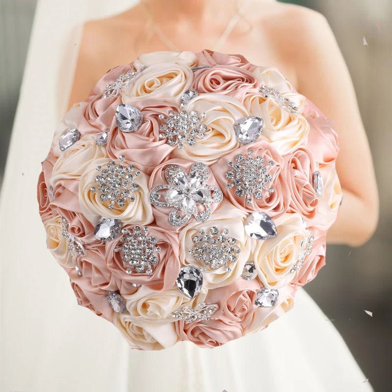 Satin Rose and Crystal Wedding Bouquet in Blush Pink Tones - Luzilly Bridal & Apparel