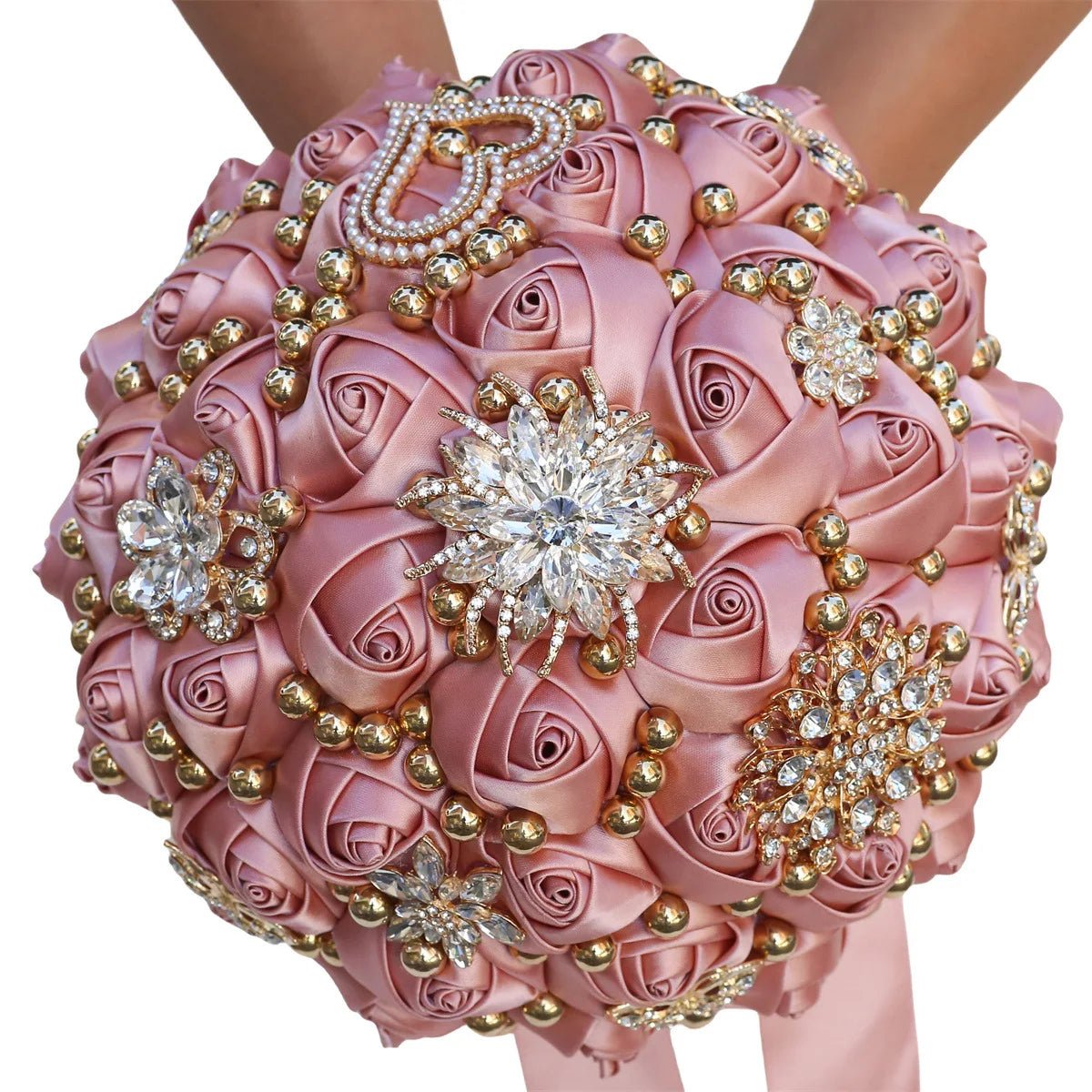 Satin Rose and Crystal Wedding Bouquet in Blush Pink Tones - Luzilly Bridal & Apparel