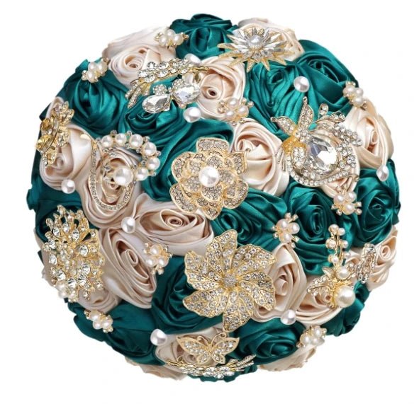 Satin Rose and Crystal Wedding Bouquet in Green Tones - Luzilly Bridal & Apparel