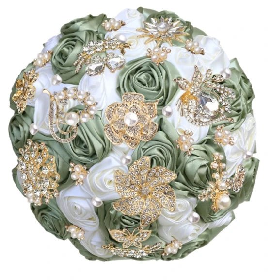 Satin Rose and Crystal Wedding Bouquet in Green Tones - Luzilly Bridal & Apparel
