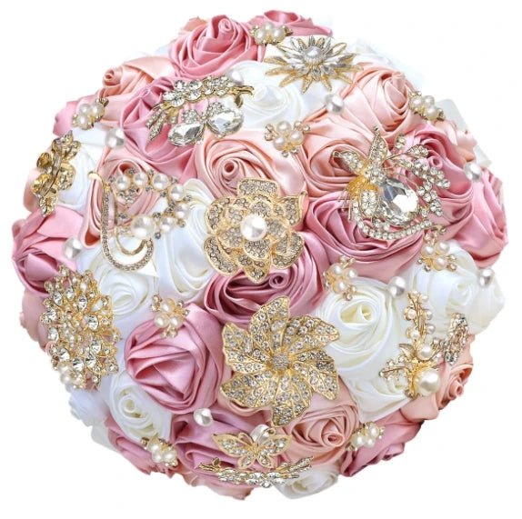 Satin Rose and Crystal Wedding Bouquet in Green Tones - Luzilly Bridal & Apparel