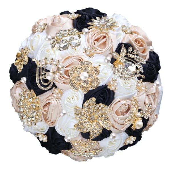 Satin Rose and Crystal Wedding Bouquet in Green Tones - Luzilly Bridal & Apparel