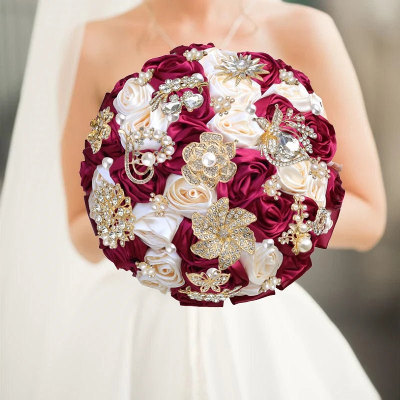 Satin Rose and Crystal Wedding Bouquet in Green Tones - Luzilly Bridal & Apparel