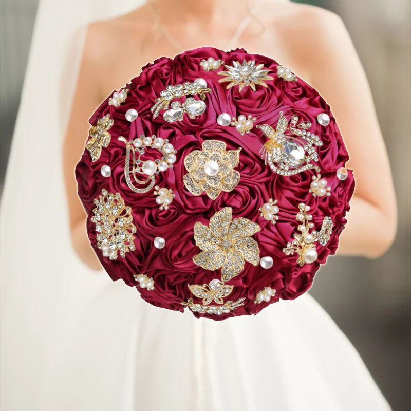 Satin Rose and Crystal Wedding Bouquet in Green Tones - Luzilly Bridal & Apparel