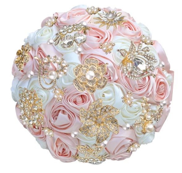 Satin Rose and Crystal Wedding Bouquet in Green Tones - Luzilly Bridal & Apparel