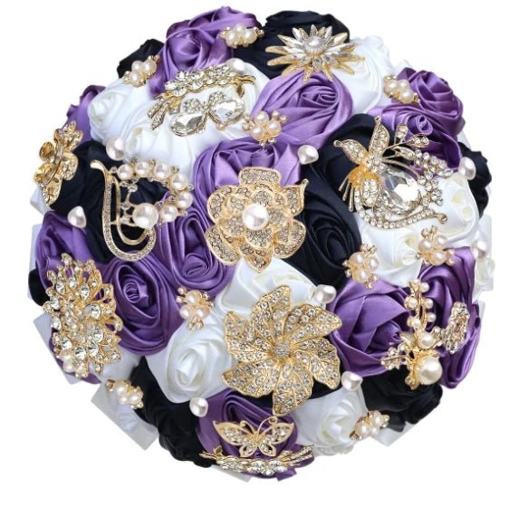 Satin Rose and Crystal Wedding Bouquet in Green Tones - Luzilly Bridal & Apparel