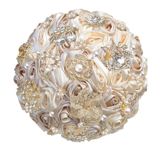 Satin Rose and Crystal Wedding Bouquet in Green Tones - Luzilly Bridal & Apparel