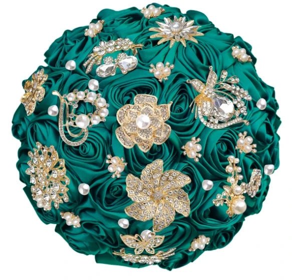Satin Rose and Crystal Wedding Bouquet in Green Tones - Luzilly Bridal & Apparel