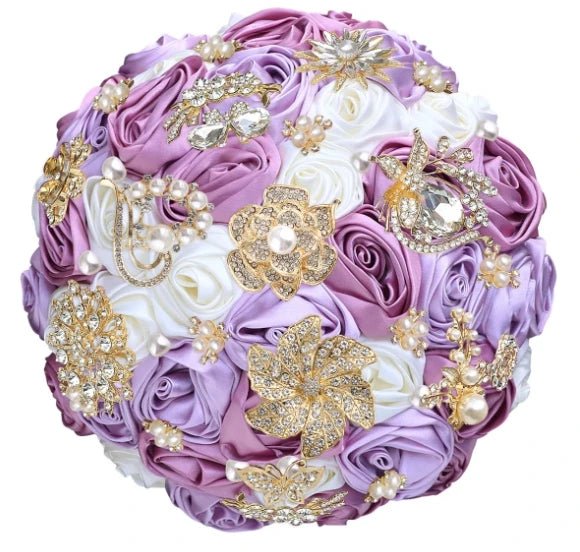 Satin Rose and Crystal Wedding Bouquet in Green Tones - Luzilly Bridal & Apparel