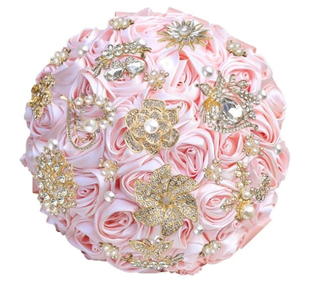 Satin Rose and Crystal Wedding Bouquet in Green Tones - Luzilly Bridal & Apparel