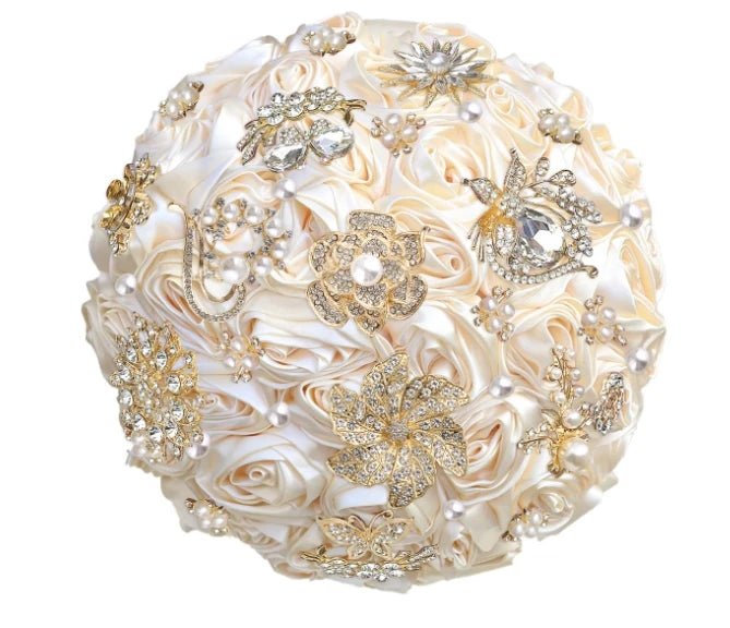 Satin Rose and Crystal Wedding Bouquet in Green Tones - Luzilly Bridal & Apparel