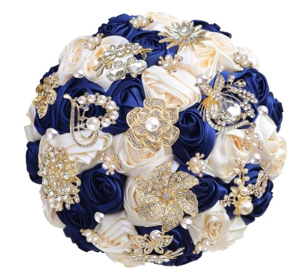 Satin Rose and Crystal Wedding Bouquet in Green Tones - Luzilly Bridal & Apparel