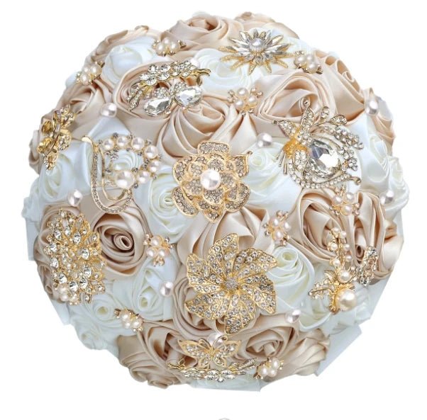 Satin Rose and Crystal Wedding Bouquet in Green Tones - Luzilly Bridal & Apparel