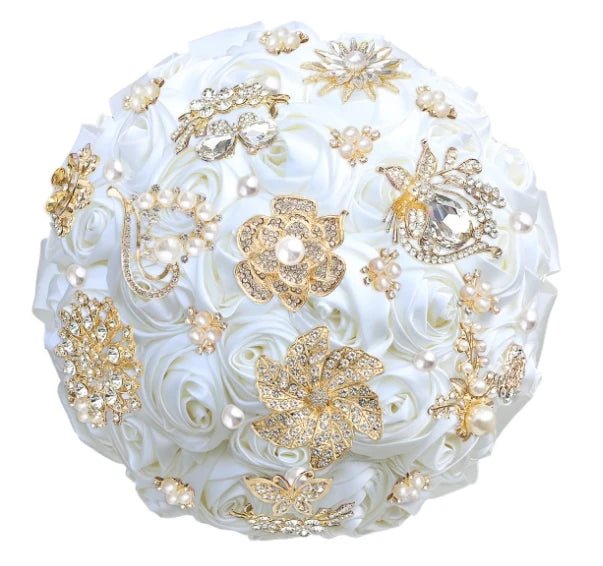 Satin Rose and Crystal Wedding Bouquet in Green Tones - Luzilly Bridal & Apparel