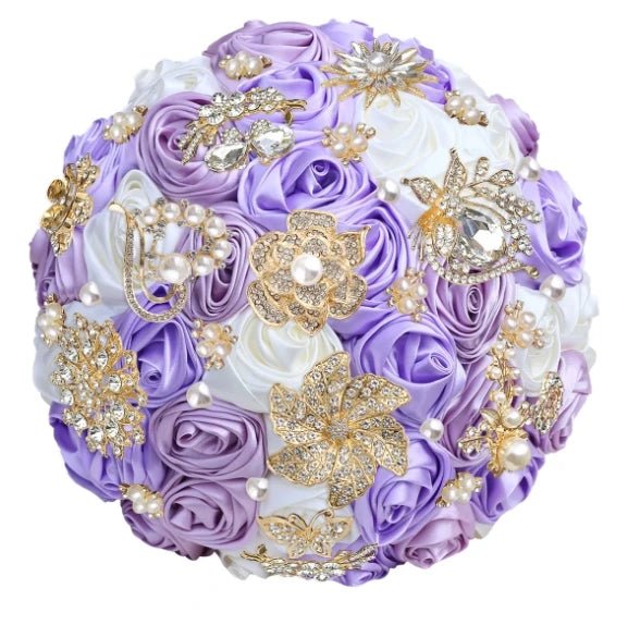Satin Rose and Crystal Wedding Bouquet in Green Tones - Luzilly Bridal & Apparel