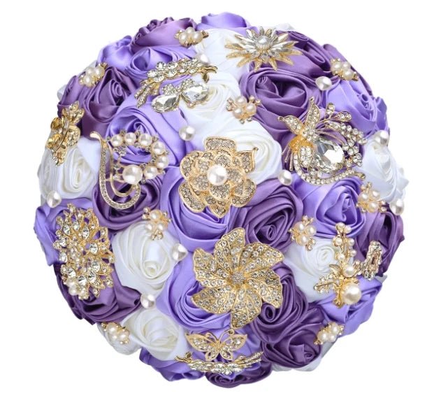 Satin Rose and Crystal Wedding Bouquet in Green Tones - Luzilly Bridal & Apparel