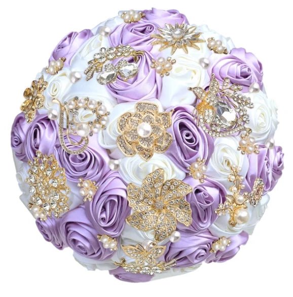 Satin Rose and Crystal Wedding Bouquet in Green Tones - Luzilly Bridal & Apparel