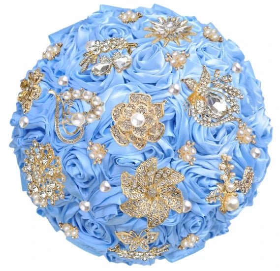 Satin Rose and Crystal Wedding Bouquet in Green Tones - Luzilly Bridal & Apparel