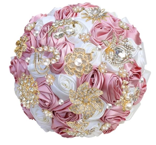 Satin Rose and Crystal Wedding Bouquet in Green Tones - Luzilly Bridal & Apparel