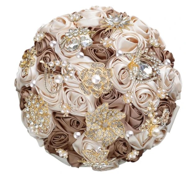 Satin Rose and Crystal Wedding Bouquet in Green Tones - Luzilly Bridal & Apparel