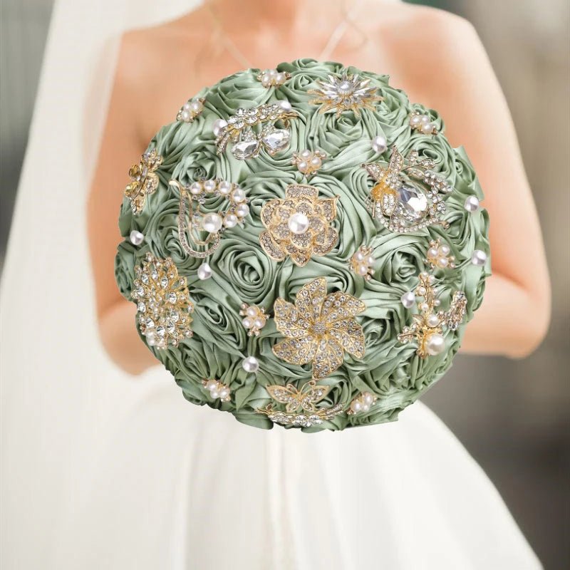 Satin Rose and Crystal Wedding Bouquet in Green Tones - Luzilly Bridal & Apparel