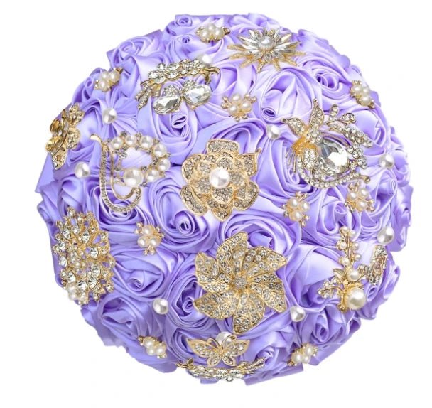 Satin Rose and Crystal Wedding Bouquet in Green Tones - Luzilly Bridal & Apparel