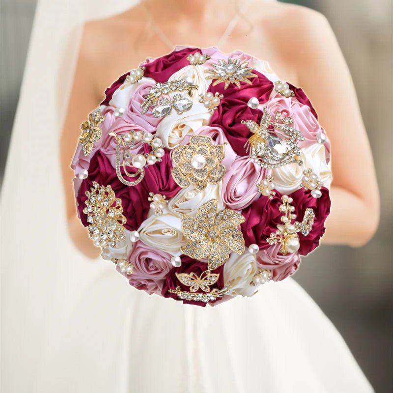 Satin Rose and Crystal Wedding Bouquet in Green Tones - Luzilly Bridal & Apparel