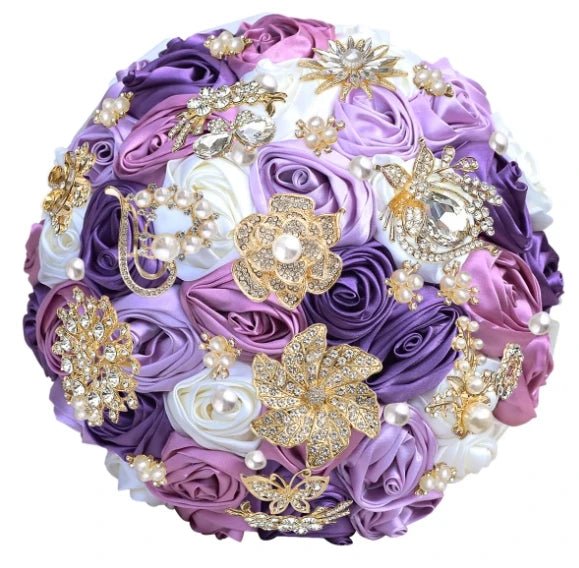 Satin Rose and Crystal Wedding Bouquet in Green Tones - Luzilly Bridal & Apparel