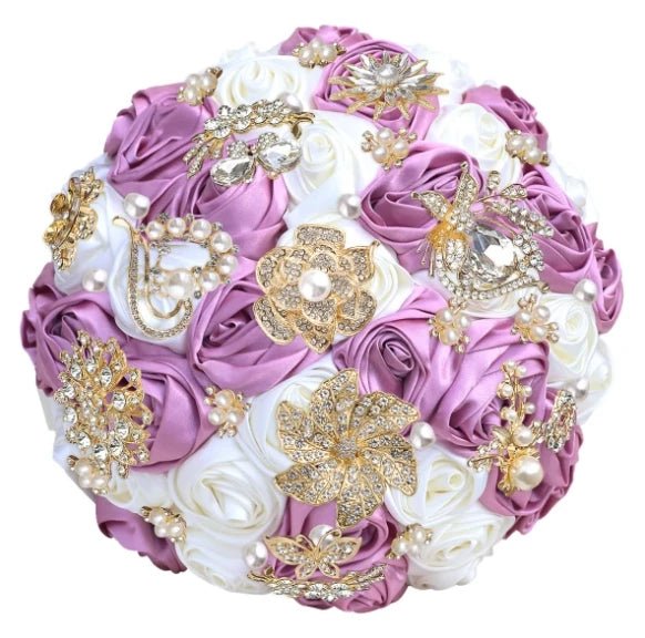 Satin Rose and Crystal Wedding Bouquet in Green Tones - Luzilly Bridal & Apparel