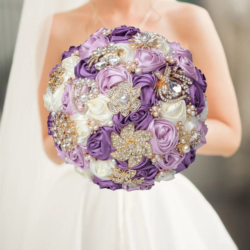 Satin Rose and Crystal Wedding Bouquet in Green Tones - Luzilly Bridal & Apparel
