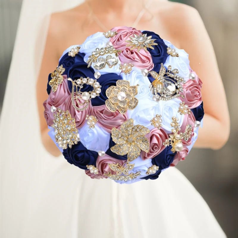 Satin Rose and Crystal Wedding Bouquet in Green Tones - Luzilly Bridal & Apparel