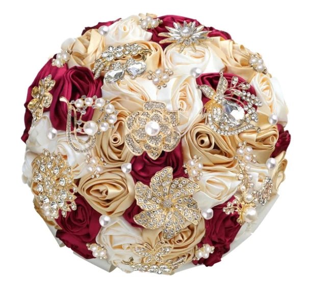 Satin Rose and Crystal Wedding Bouquet in Green Tones - Luzilly Bridal & Apparel