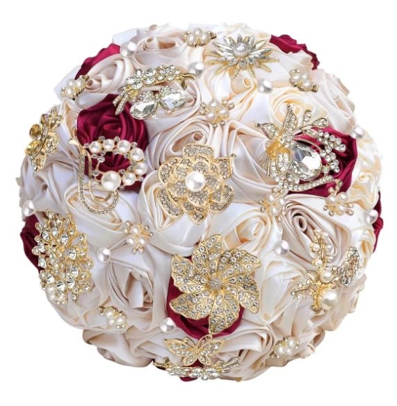 Satin Rose and Crystal Wedding Bouquet in Green Tones - Luzilly Bridal & Apparel
