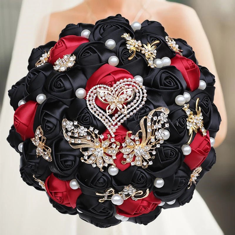 Satin Rose Bouquet with Pearl and Diamond Accents in Navy Tones - Luzilly Bridal & Apparel