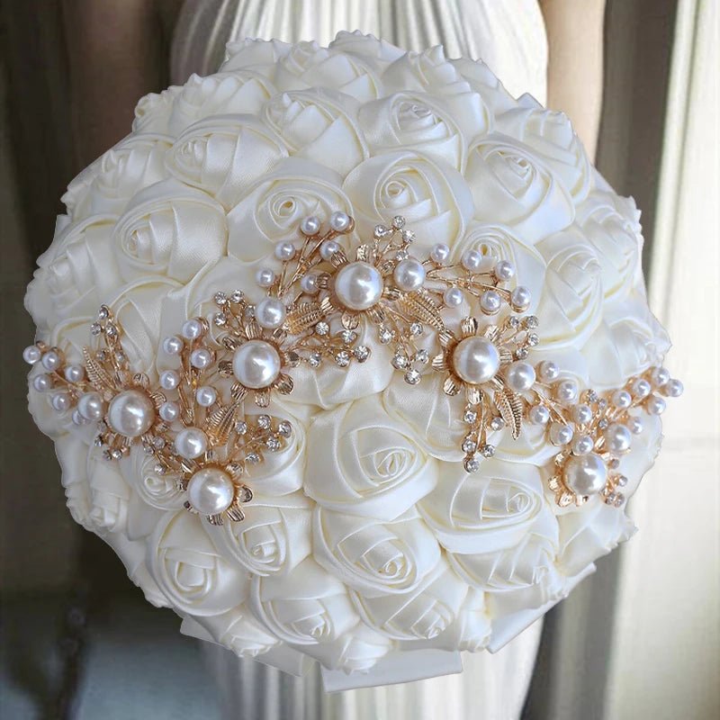 Satin Rose Bouquet with Pearl and Diamond Accents in Navy Tones - Luzilly Bridal & Apparel