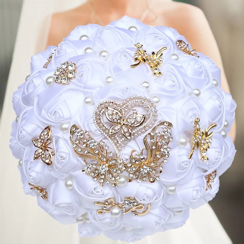 Satin Rose Bouquet with Pearl and Diamond Accents in Navy Tones - Luzilly Bridal & Apparel