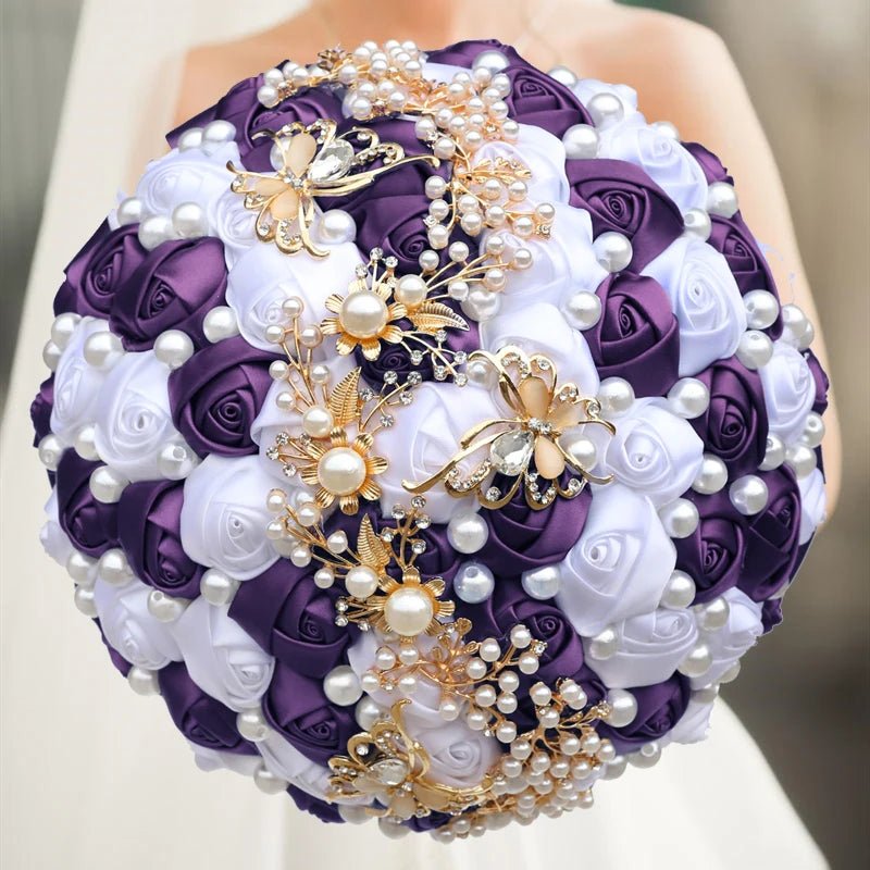 Satin Rose Bouquet with Pearl and Diamond Accents in Navy Tones - Luzilly Bridal & Apparel