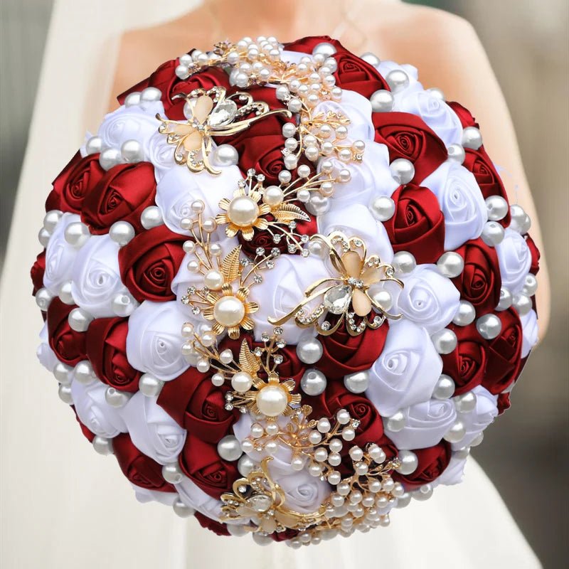 Satin Rose Bouquet with Pearl and Diamond Accents in Navy Tones - Luzilly Bridal & Apparel