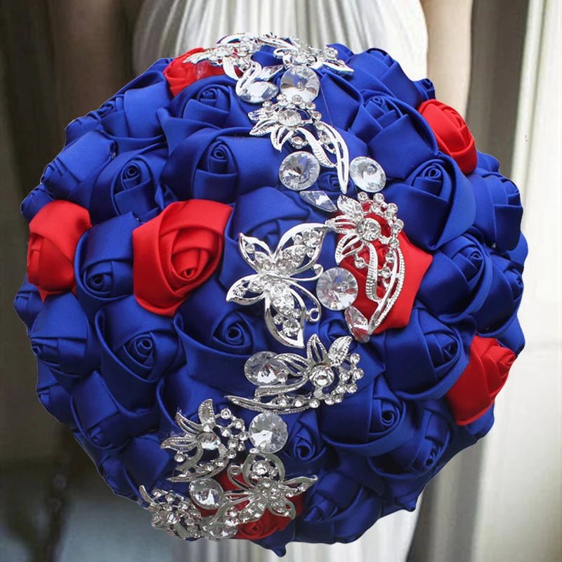 Satin Rose Bouquet with Pearl and Diamond Accents in Navy Tones - Luzilly Bridal & Apparel