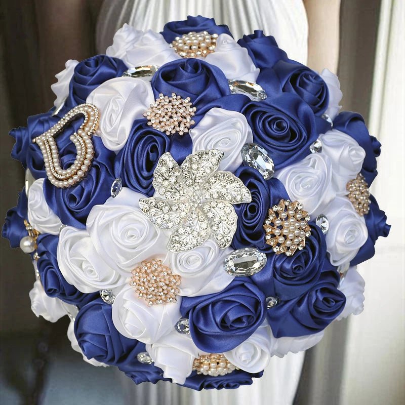 Satin Rose Bouquet with Pearl and Diamond Accents in Navy Tones - Luzilly Bridal & Apparel