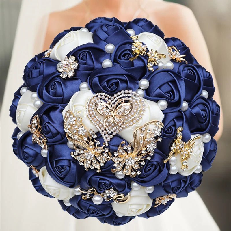 Satin Rose Bouquet with Pearl and Diamond Accents in Navy Tones - Luzilly Bridal & Apparel