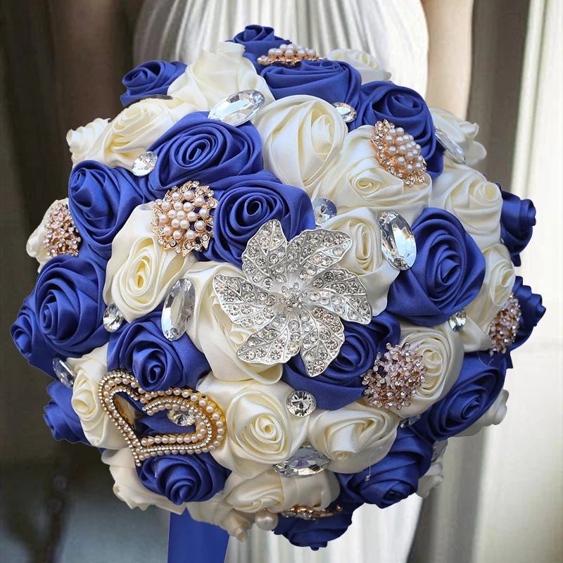 Satin Rose Bouquet with Pearl and Diamond Accents in Navy Tones - Luzilly Bridal & Apparel