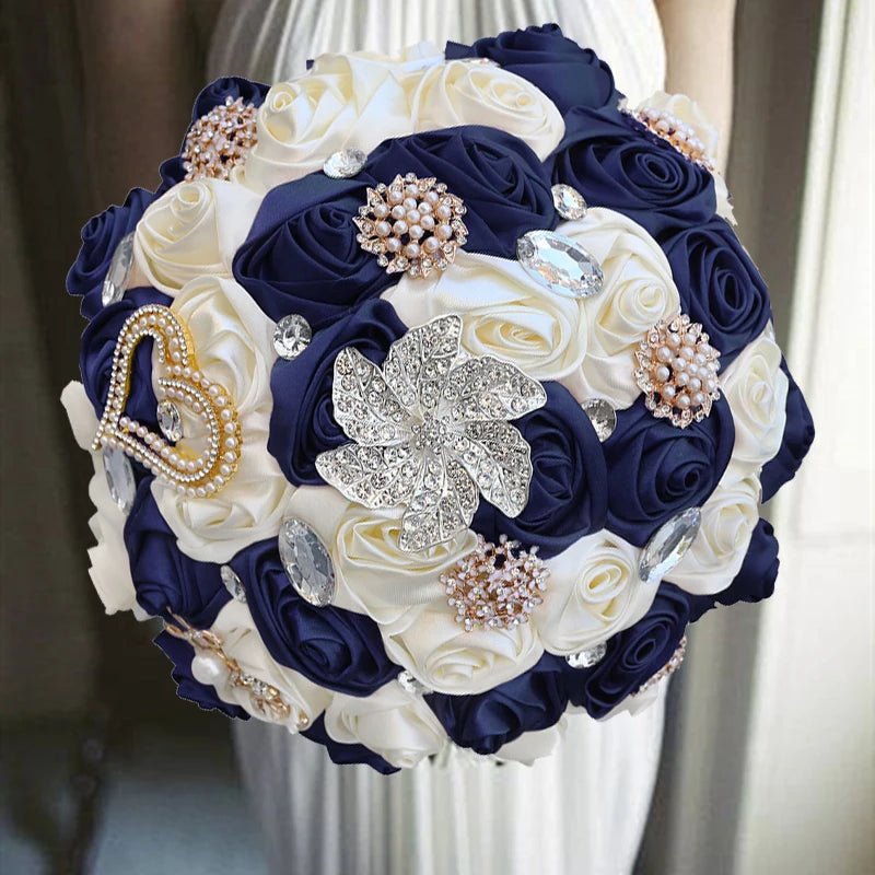 Satin Rose Bouquet with Pearl and Diamond Accents in Navy Tones - Luzilly Bridal & Apparel